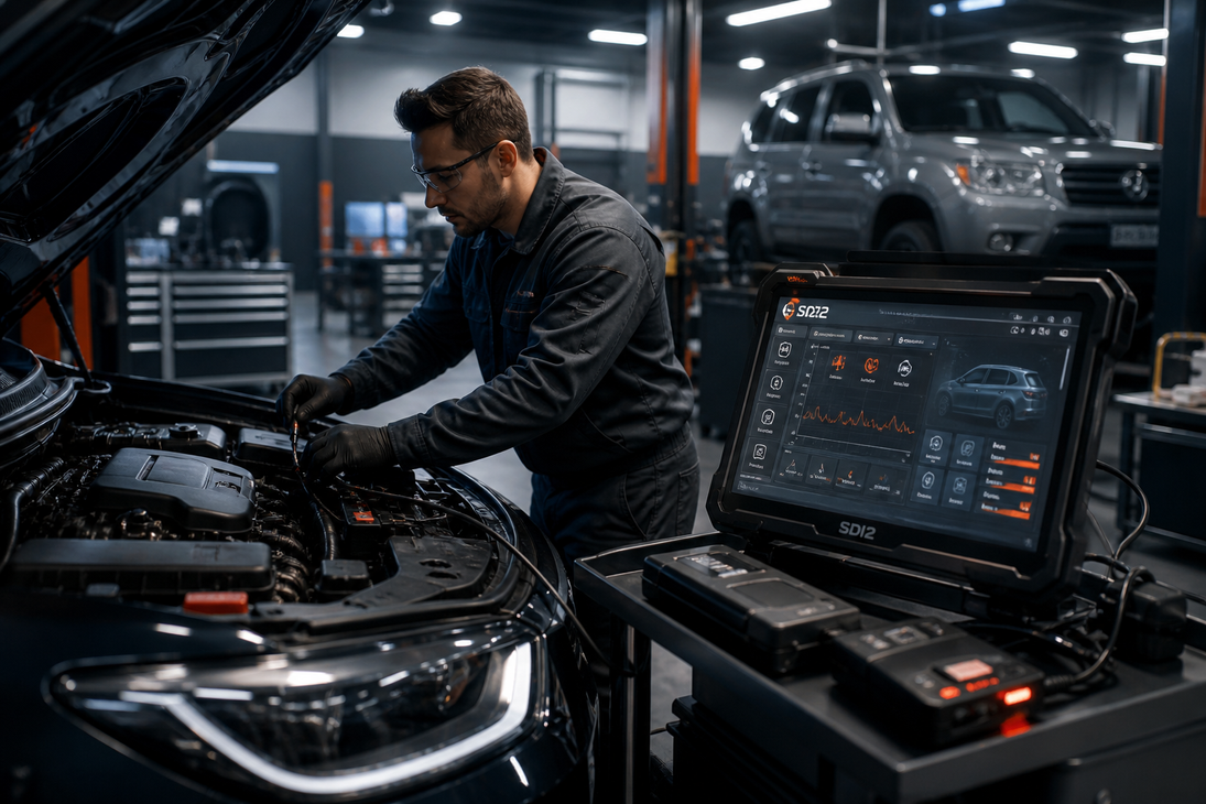 Technician performing advanced vehicle diagnostics using professional scanning equipment. Electronic testing identifies faults, monitors system performance, and supports accurate repair recommendations for modern vehicles.