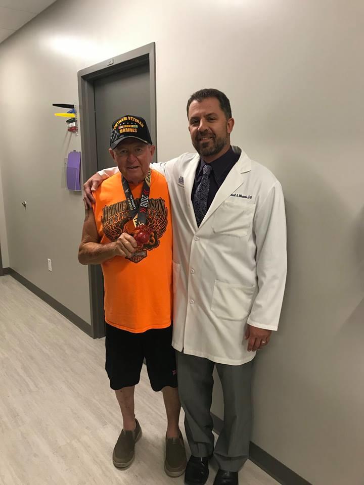 Dr. Miranda with retired Colonel Ron Rook, U.S. Marine Corps. Colonel Rook just completed his 4th Marathon with a Full Knee Replacement, which was also his 3rd Marathon with a Full Shoulder Replacement, by doctors from Florida Orthopaedic Institute. Dr. Miranda performed the Full Knee Replacement in February 2014.