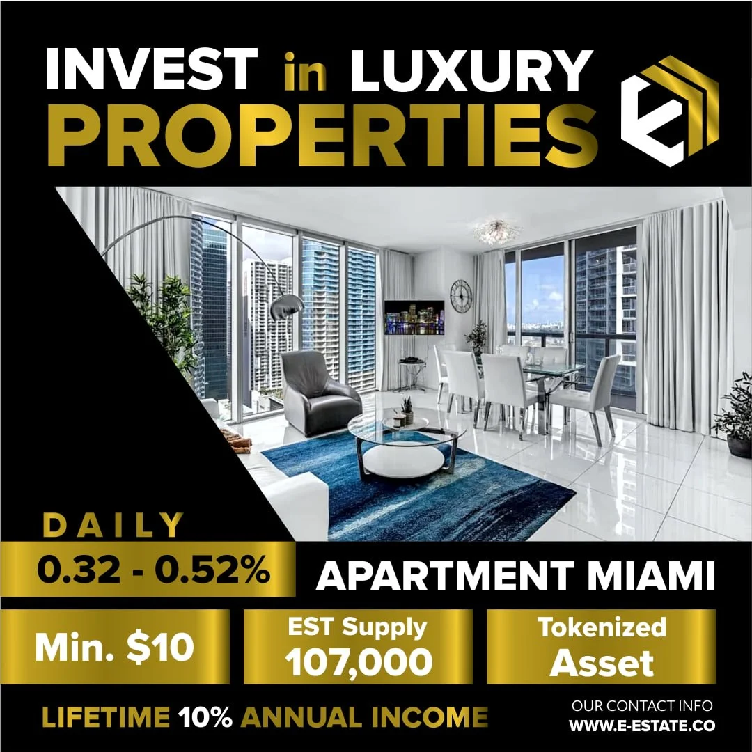 An advertisement for investing in luxury properties, specifically a Miami apartment. The ad highligh 