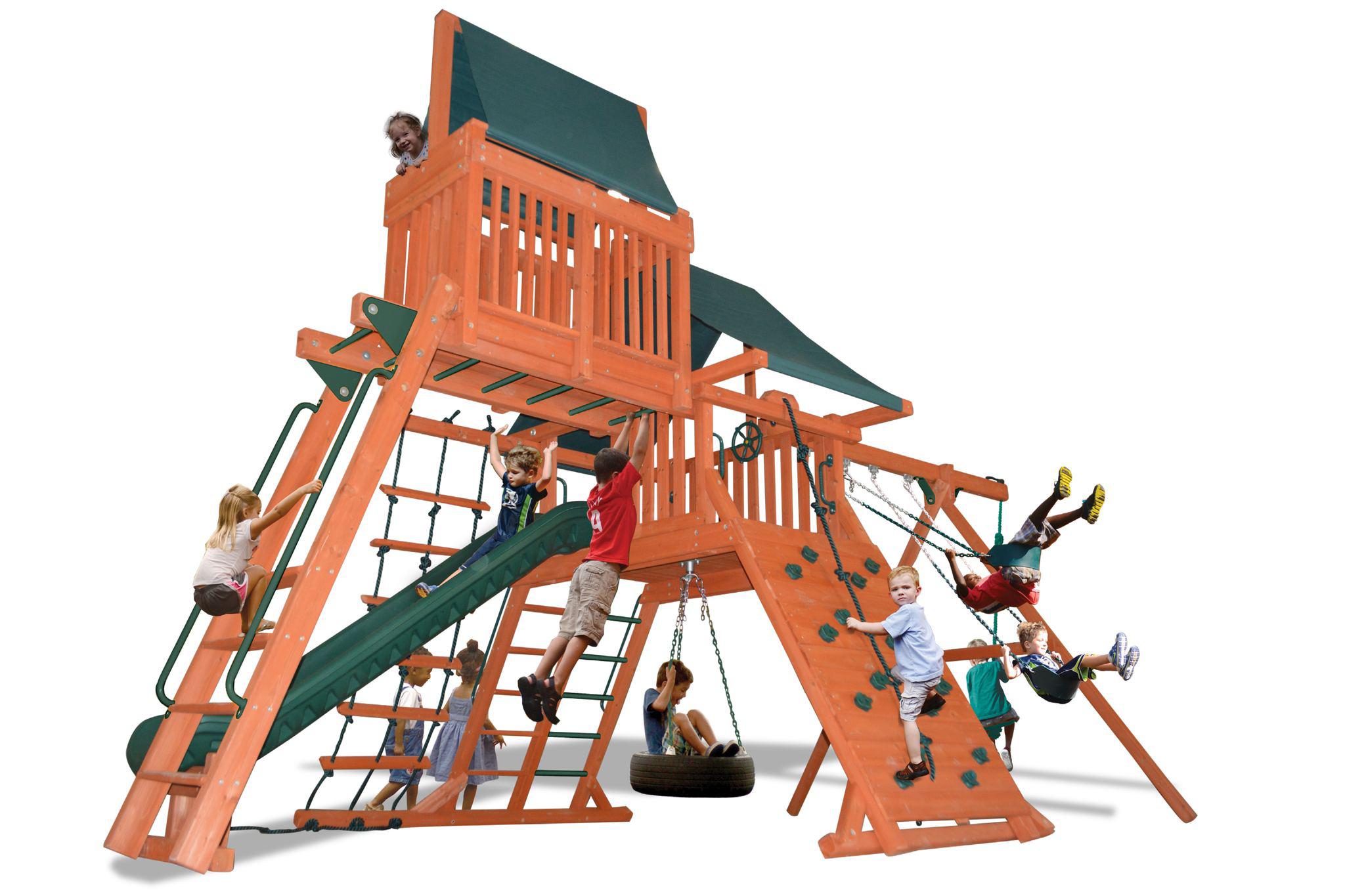 The Playground One Turbo Original Playcenter Combo 4 is the definition of a complete activity center.
This swing set has it all!  From the rockwall to the step/rung entry ladder to the 360° tire swing plus a huge monkey bar with the 2nd level skyloft on top of the monkey bars will entertain your children for hours.
Call (615) 595-5582 to start building backyard memories that last a lifetime