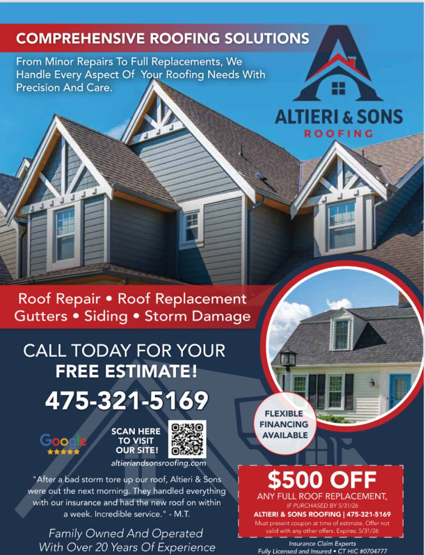 Get a reliable, long-lasting roof over your head without the stress—plus save $500 on any full roof replacement. Altieri and Sons Roofing provides fast 24-hour quotes, flexible financing, and direct insurance billing to make your roofing project completely hassle-free. Backed by 20+ years of family-owned excellence in Connecticut, our bilingual team handles everything from minor leak repairs to complete GAF Timberline shingle installations. Don't risk weather damage; contact us now for your free, no-obligation estimate and secure your $500 savings