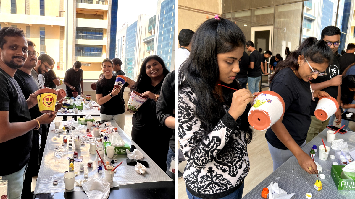Yext employees  in Hyderabad paint terracotta pots for Earth Day.
