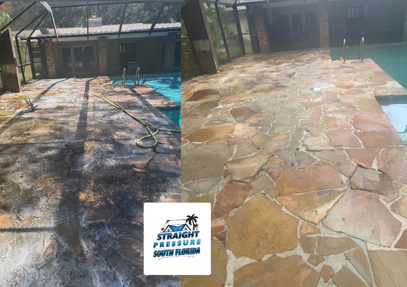 Professional pool patio cleaning and natural stone restoration in Pinecrest, FL. Deep cleaning by Straight Pressure South Florida for a brand-new finish.