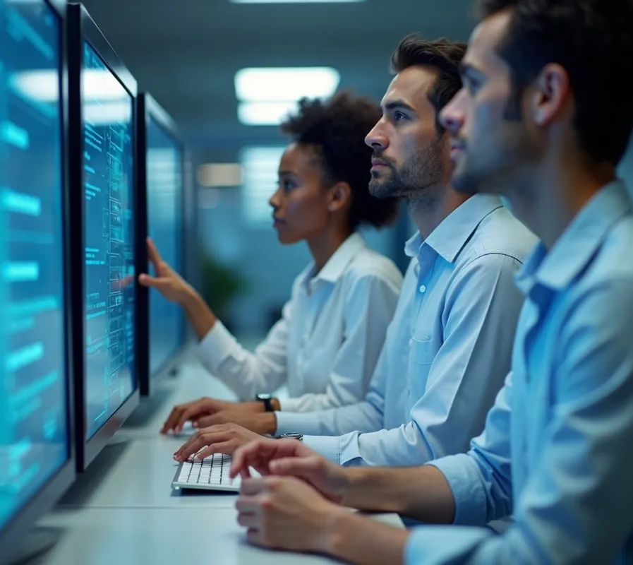 Three professionals, two men and one woman, are seated at a desk in front of multiple computer monitors displaying data. The woman in the foreground is pointing at a screen. The men are looking intently at their screens. The setting appears to be a modern office or control room.