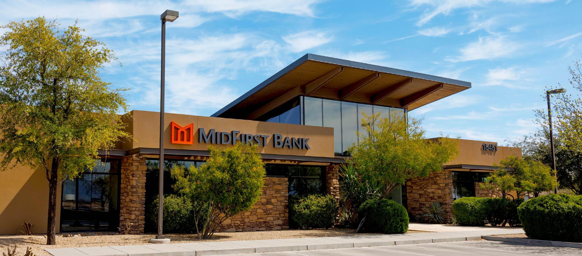 Exterior of MidFirst banking center location at Reems and Waddle in Surprise, Arizona. MidFirst Bank Surprise (623)544-4280