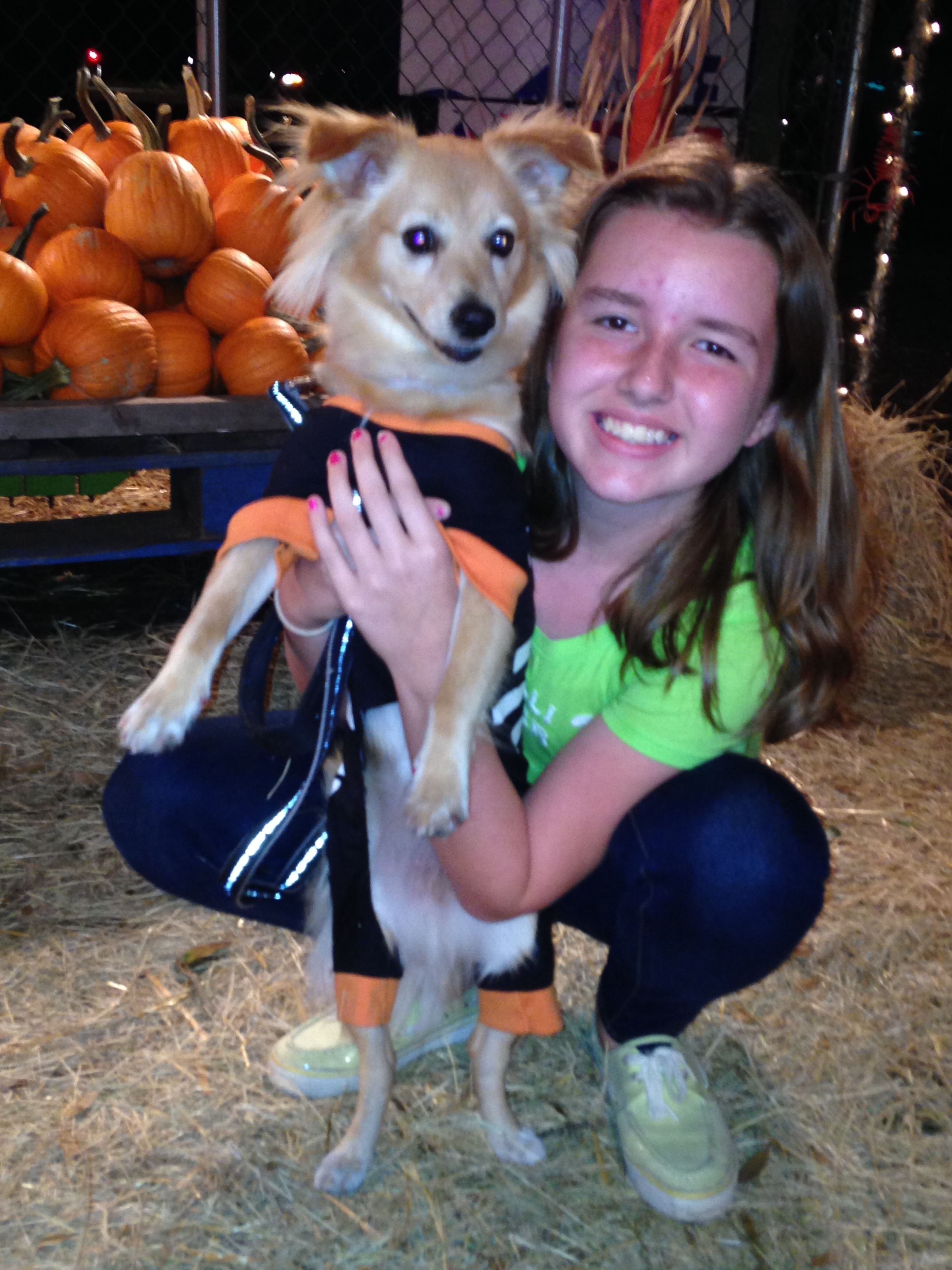 Young-girl- with- her- dog- in- hand- at- the- pumpkin- patch