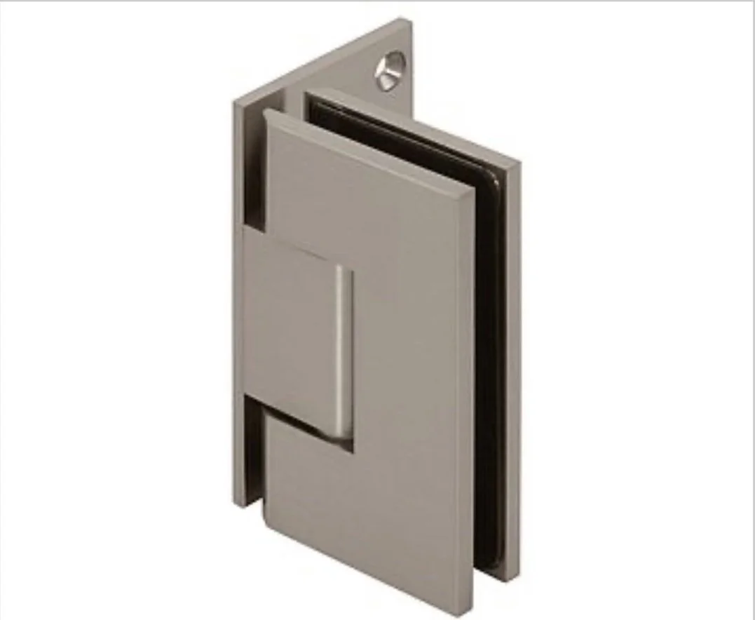 A brushed nickel offset hinge for a shower door is shown against a white background. The hinge is designed to attach a glass shower door to a wall. It has a clean, modern aesthetic with a brushed metal finish.