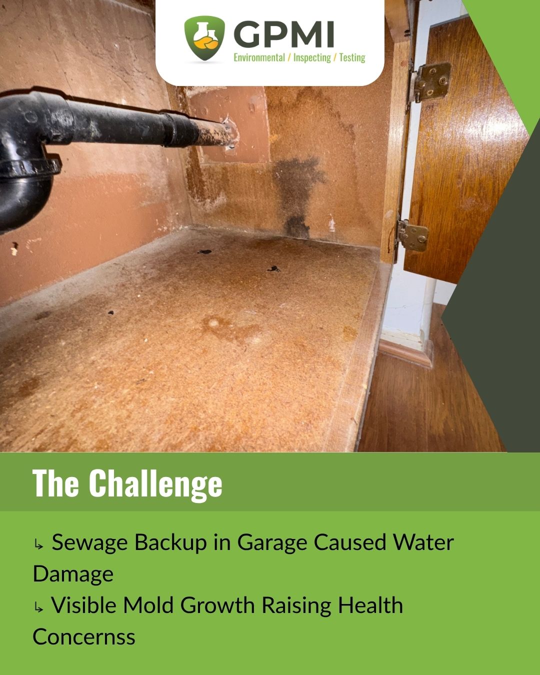 Garage or utility-area inspection photo showing water staining near baseboards and flooring, indicating possible water damage and mold concerns.