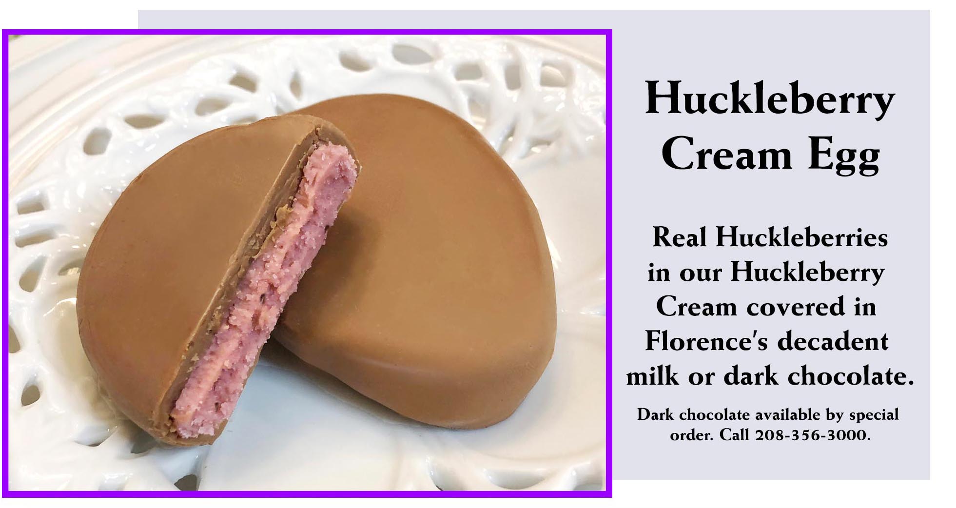 Discover a taste of the Northwest this Easter with Florence's Exquisite Chocolates' Huckleberry Cream Egg! Part of the beloved 1.7 ounce Easter Cream Egg tradition, this egg features a vibrant, sweet-tart huckleberry cream made with real huckleberries, enrobed in decadent milk chocolate (as shown) or available in dark chocolate via special order. It's one of 17 delicious cream fillings perfect for Easter baskets.