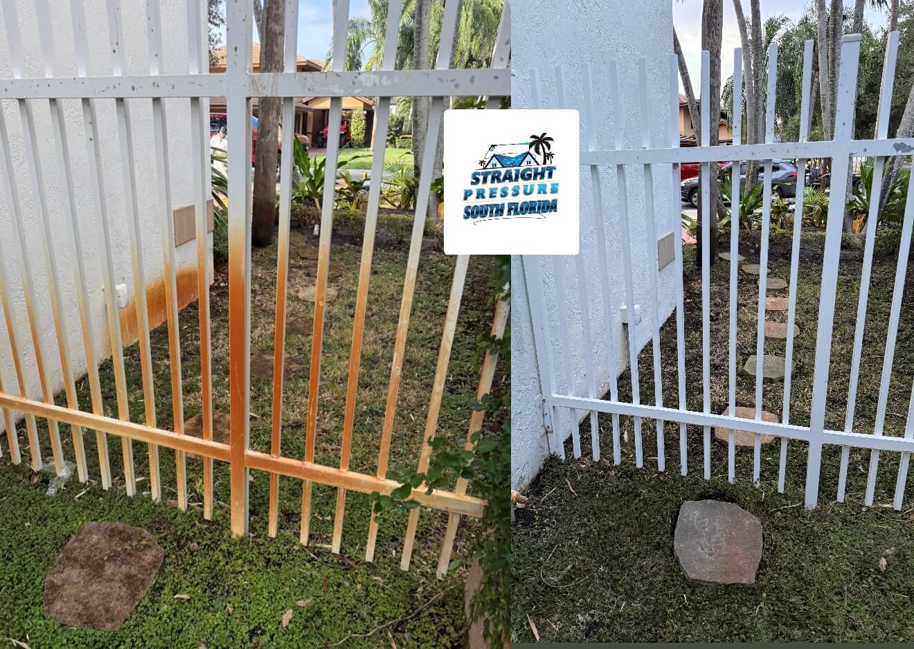 Specialized metal fence rust and stain removal in Miami Lakes, FL. Safe restoration and deep treatment by Straight Pressure South Florida.