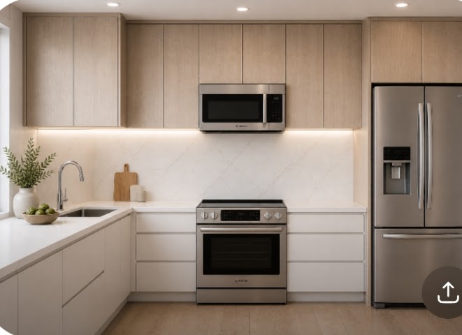 Modern, minimalist styled kitchen cabinets.