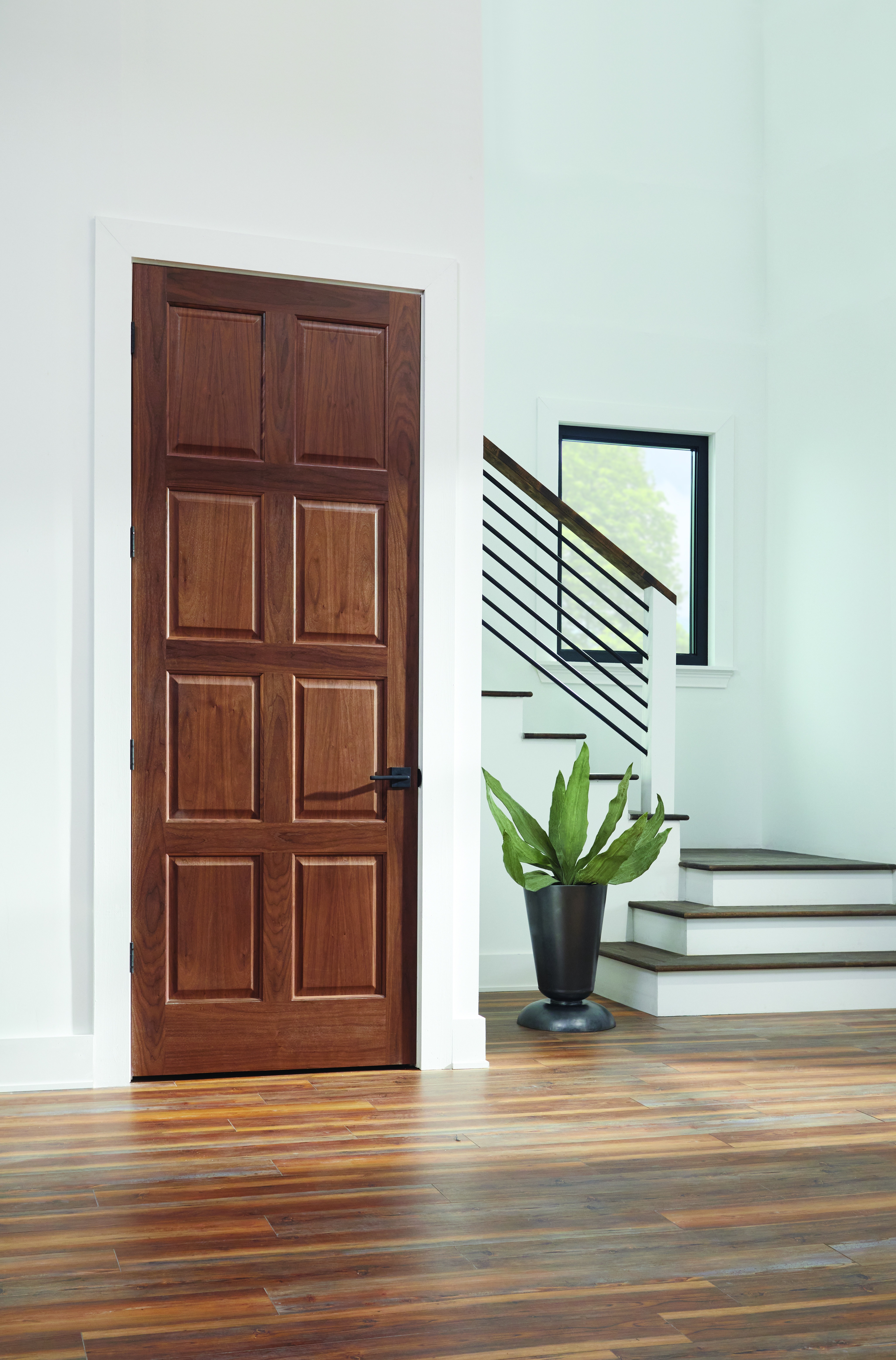 Walnut interior panel door with natural wood grain finish installed in a modern residential entryway.