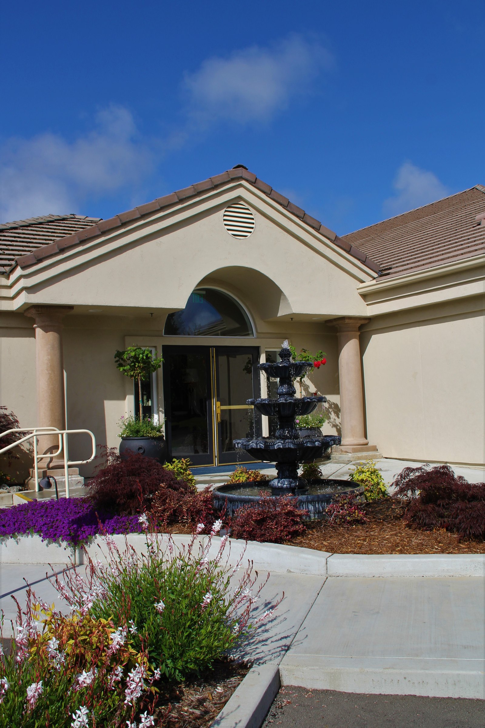 The main entrance to the funeral home on the Green Valley campus at 3004 Alexandrite Drive, Rescue.