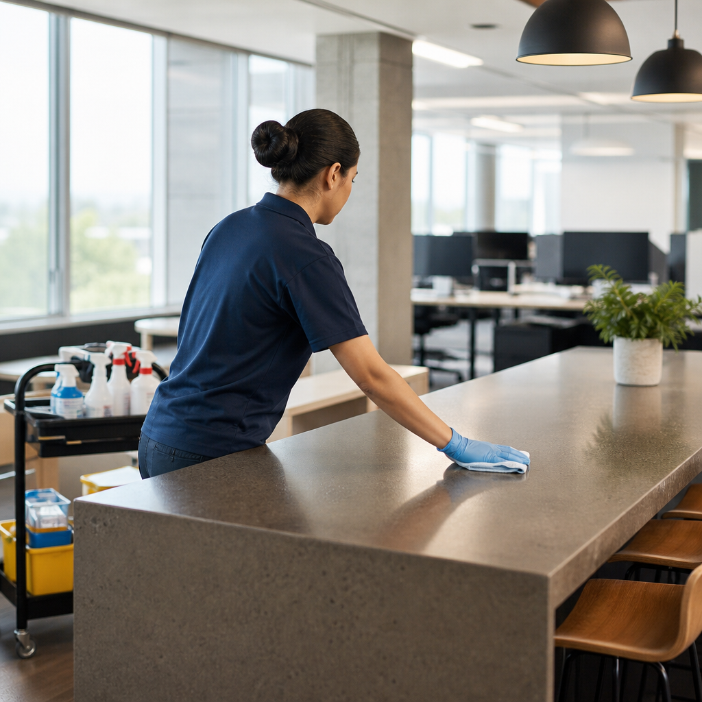 Uniformed United Contract Services technician disinfecting a breakroom counter during nightly office 
