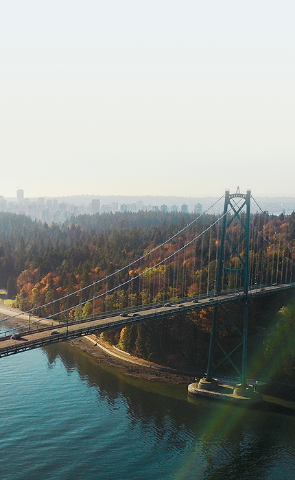 Aerial view of Lions Gate Bridge in Vancouver, BC.