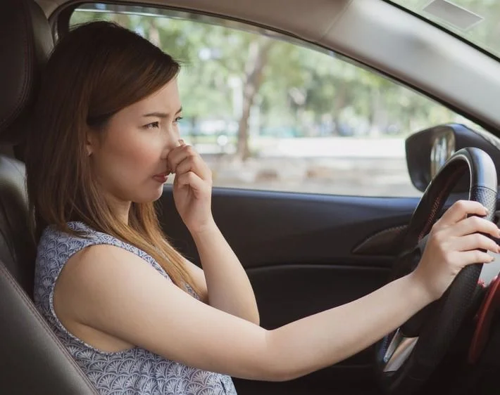 A young Asian woman driving a car pinches her nose, indicating an unpleasant odor. She is wearing a sleeveless patterned top and has her hands on the steering wheel. The interior of the car is visible, as is the blurred outdoor scenery through the windows.