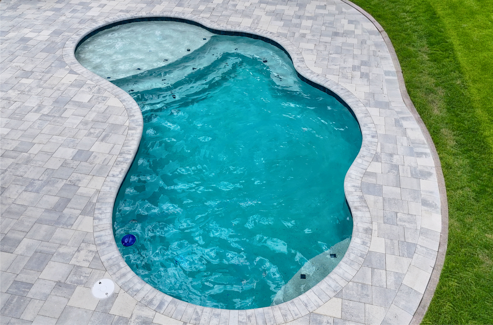 Freeform residential swimming pool with clear blue water, surrounded by light stone pavers and a manicured green lawn.