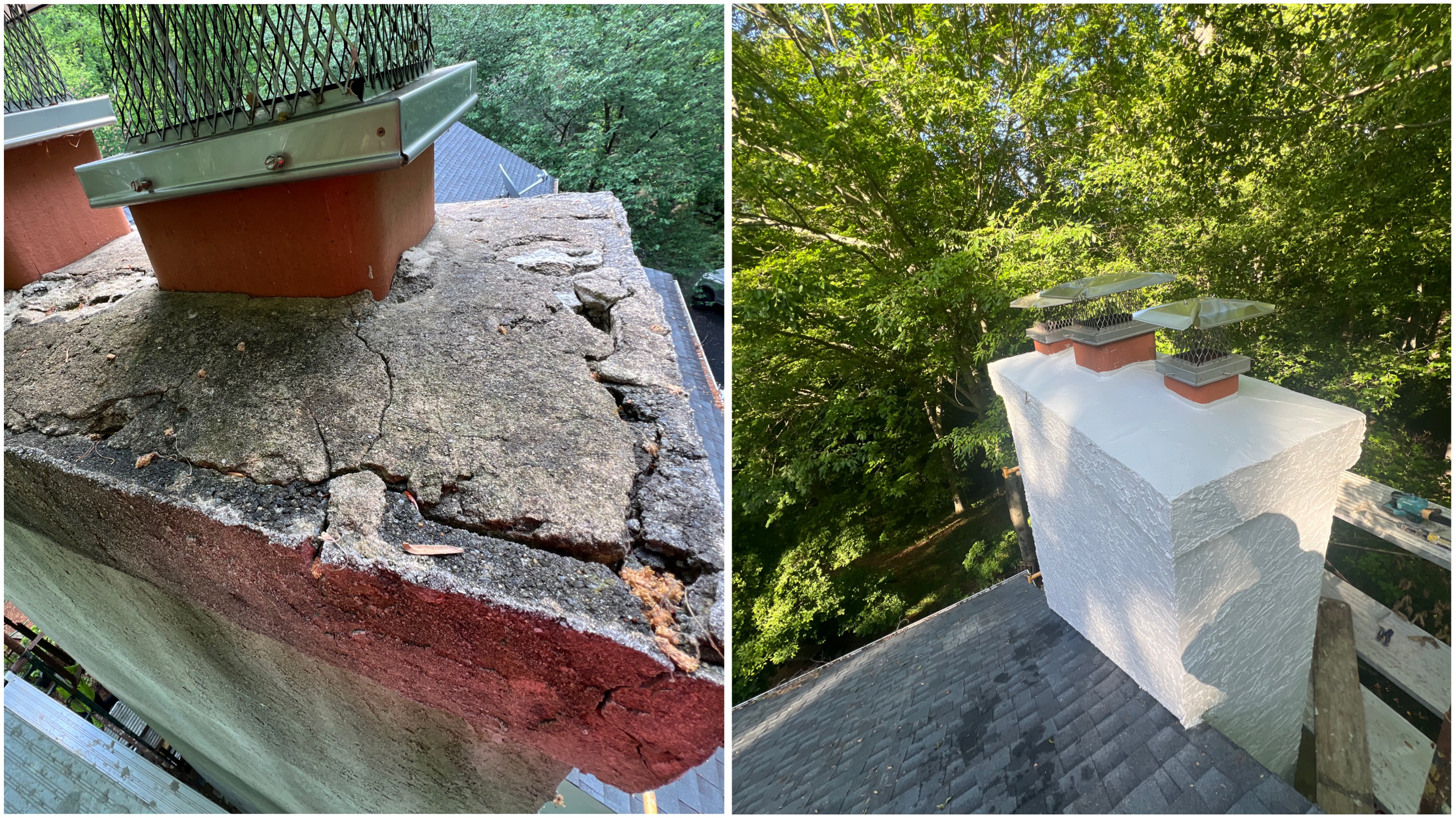 Before-and-after chimney stucco repair completed by LePore Stucco Services on a residential home. This project addressed cracked and deteriorated chimney surfaces, restored proper stucco protection, and applied a clean, weather-resistant finish to improve durability and prevent moisture intrusion. LePore Stucco Services provides professional chimney and stucco repair services throughout Avondale, PA, Chester County, and nearby areas of Pennsylvania and Delaware.
