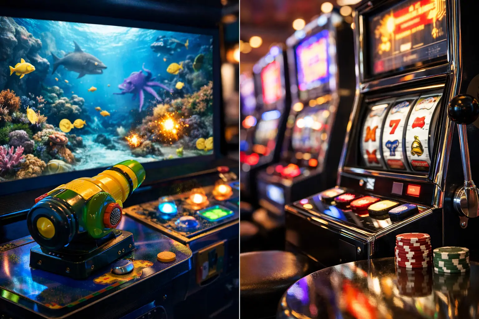 A split image showing two distinct gaming experiences. On the left, a colorful arcade-style game with a marine theme is displayed on a large screen, featuring sharks, octopuses, and fish amidst coral reefs, with a toy cannon-like controller in the foreground. On the right, a row of illuminated slot machines in a casino setting, with a close-up on one machine showing reels with symbols like '7' and a bell, and stacks of casino chips on a reflective table.