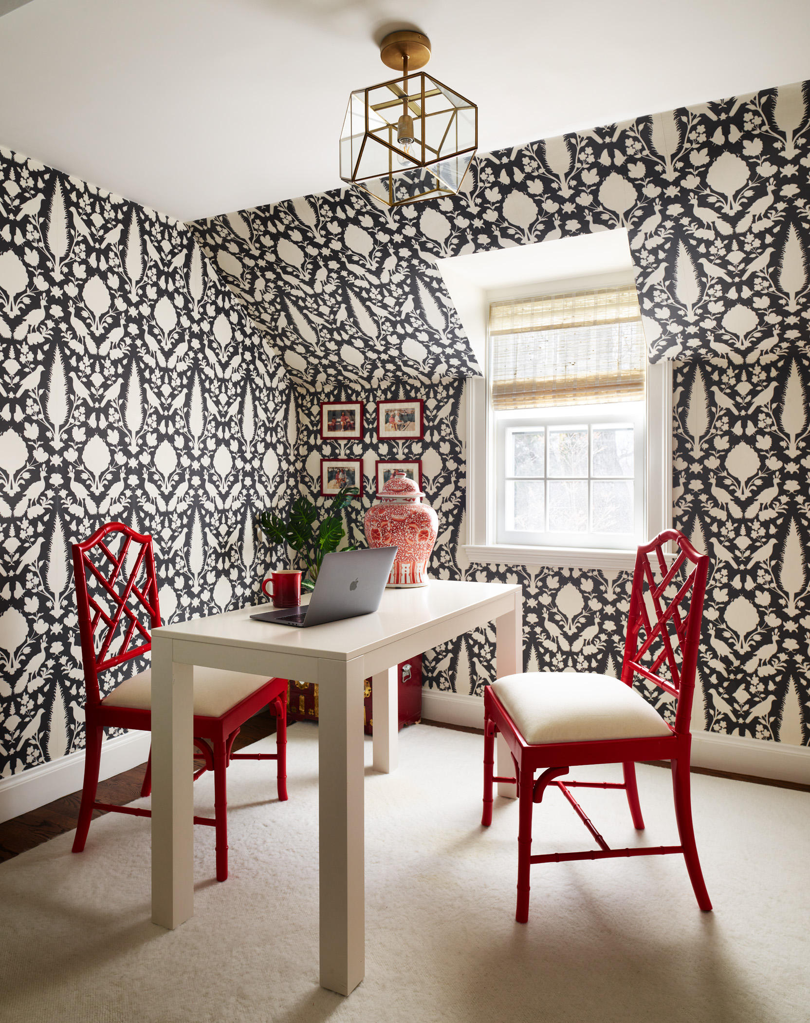 Transitional Home Office with Schumacher wallpaper