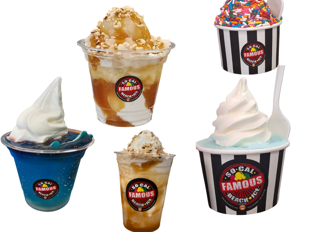 Variety of So Cal Famous Beach Ice treats including shaved ice, soft serve, and dessert cups with toppings like caramel, nuts, and sprinkles. The assortment showcases colorful, refreshing options with rich flavors, perfect for enjoying sweet, chilled treats.