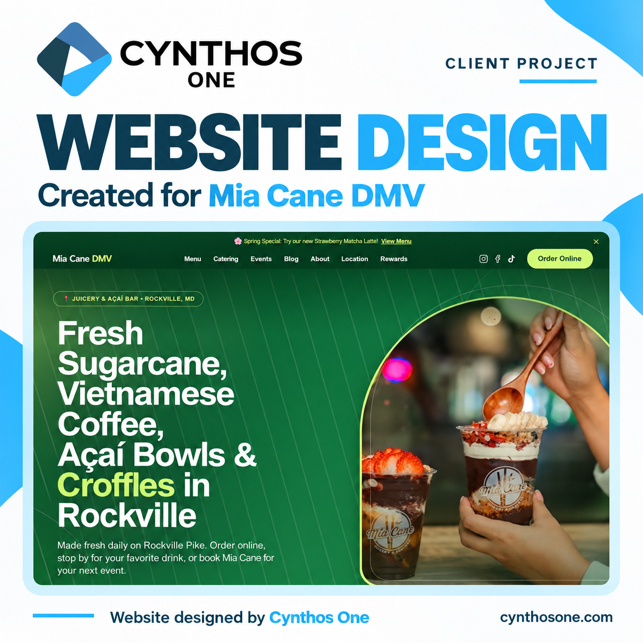 Make it easier for customers to discover your business and take the next step. Cynthos One designed Mia Cane DMV’s website in Rockville, Maryland, bringing its brand, menu, online ordering, catering links, and loyalty signup into one cohesive experience. Give your business a website that looks professional and makes doing business with you simple.