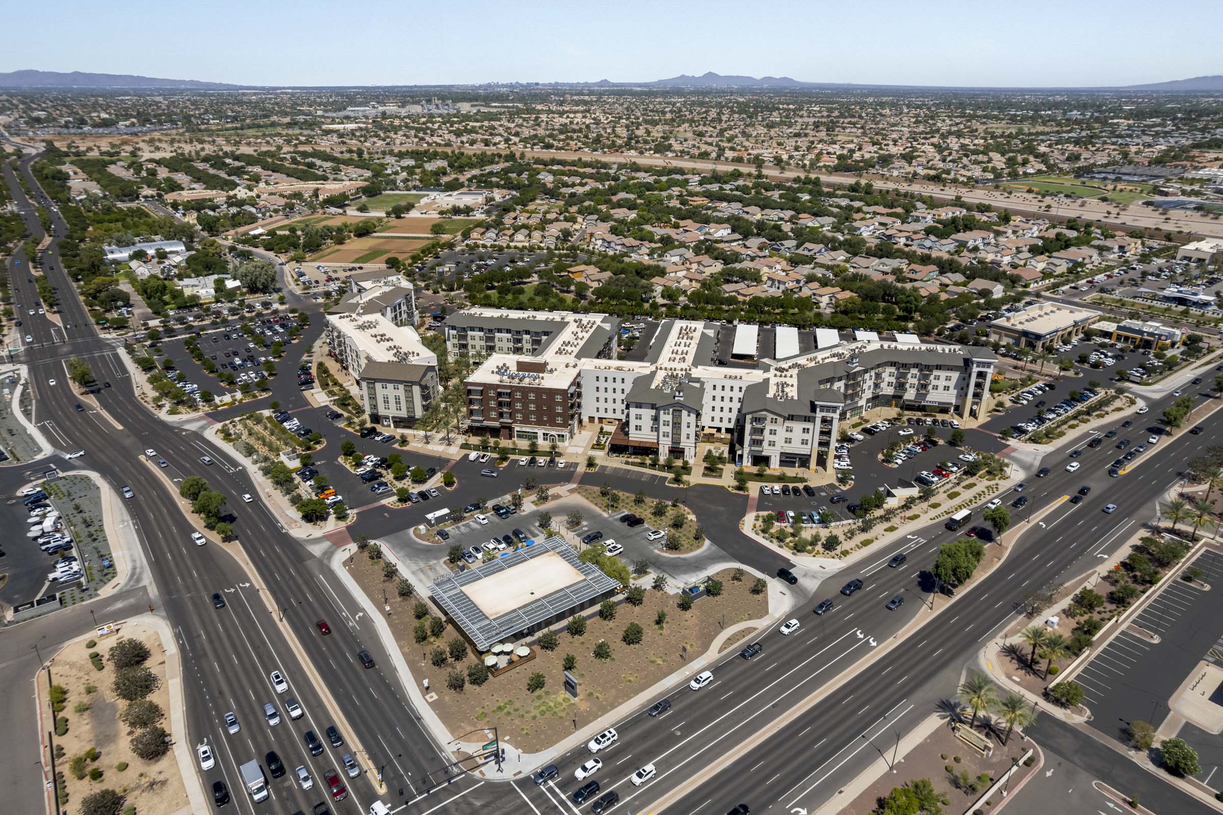 Aerial view of Camden Gilbert apartments in Gilbert, AZ from corner of Ray Rd and Higley Rd 
