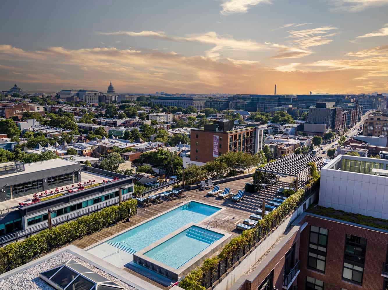 Enjoy stunning panoramic views of Washington, D.C. while relaxing in our rooftop pool