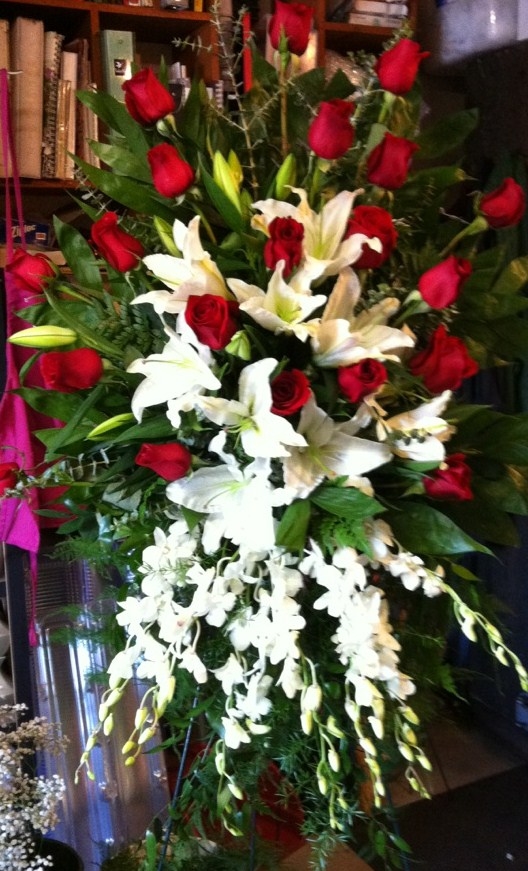 Red Roses and White Lilies and Orchid Sympathy Spray