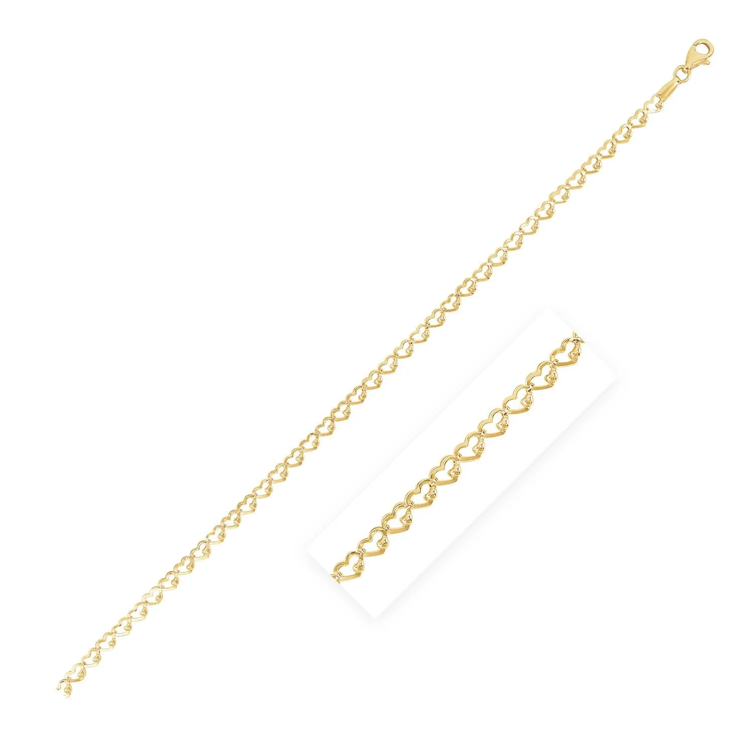 A delicate gold bracelet adorned with a series of small, intertwined hearts, presented against a stark white background. A magnified inset shows a closer view of the intricate heart links and the lobster clasp closure, highlighting the craftsmanship and material. The bracelet is angled diagonally across the frame.