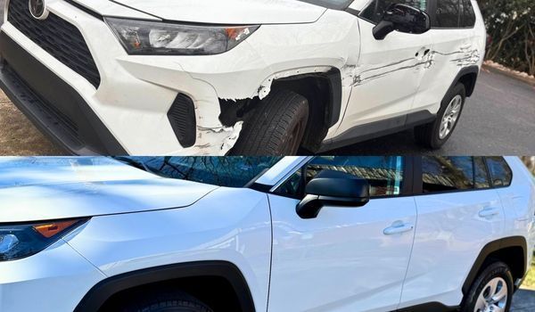 Before-and-after comparison shows a white SUV with severe side collision damage across the front fen 