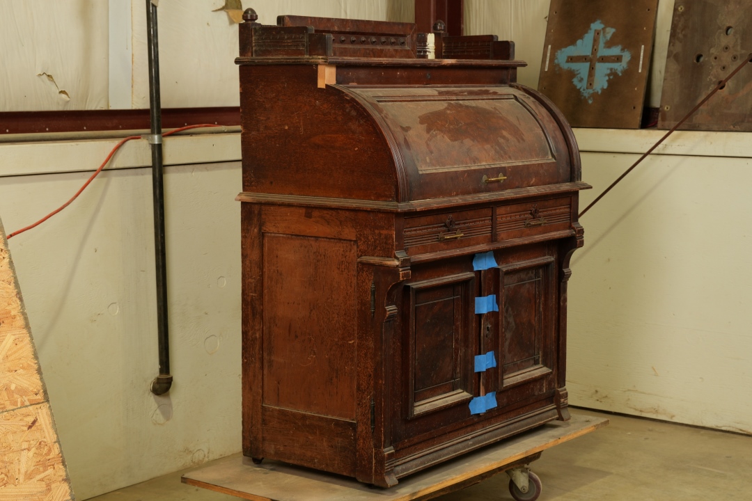 Antique Cylinder Desk Before Restoration Angled View