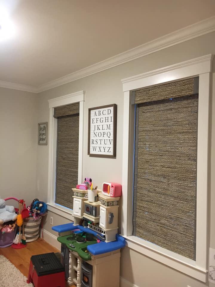 Wovenwood cordless shades in the Lynnfield home.  Perfect for a playroom that will be converted in a few years to an office.