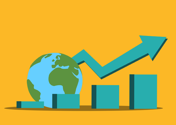 Uptrend bar graph and a globe in the background.