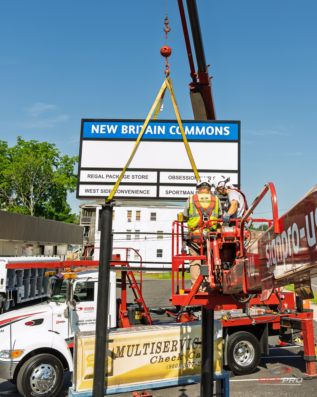Custom pylon sign installation completed by Sign Pro for New Britain Commons, providing high-visibility tenant identification for a busy commercial property.