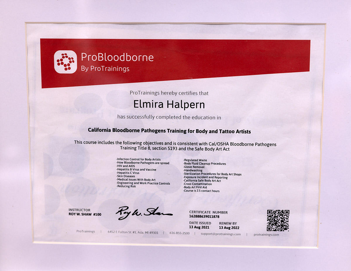 Elmira Studio's ProBloodborne certificate for body and tattoo artists. Permanent Makeup services in Westlake Village.