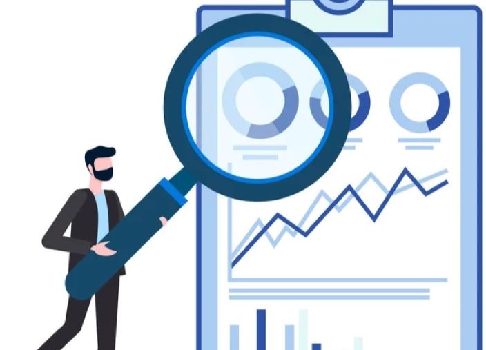 Illustration of a man holding a large magnifying glass to a giant financial report.