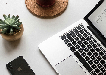 Close-up of an open laptop, a cell phone, and a succulent on a desk.