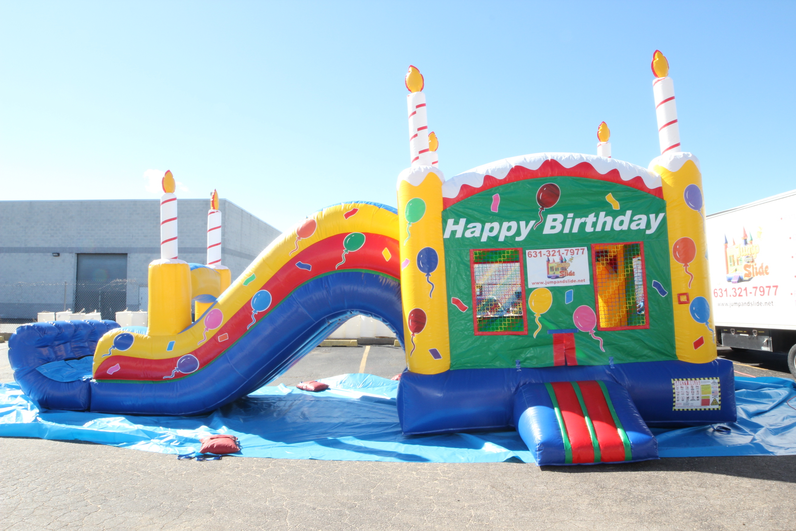 What's the best way to say Happy Birthday to your child ? perhaps a card, a cake or singing the classic song? How about giving the birthday kid (or adult) our awesome Birthday Cake bounce house rental ?! This colorful  combo bouncer has it all: Giant inflatable slide ,climb the stairs, or shoot a game of basketball inside  and, of course, the bouncer! No need to worry about the candles we have them right on top of the inflatable! We deliver to all of Nassau and Suffolk County for party and inflatable rentals. We also deliver to ALL the Hamptons for all your inflatable and party needs!