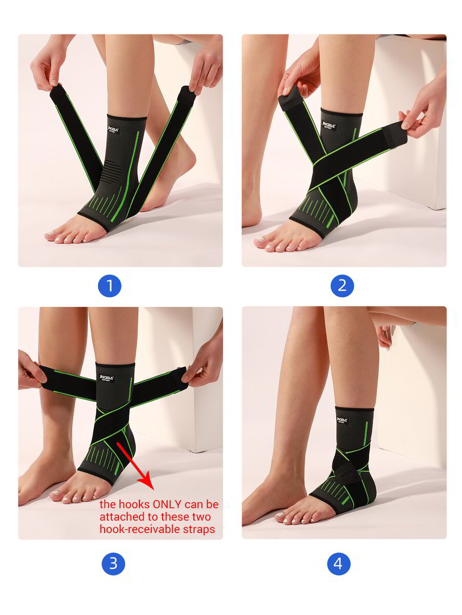 A step-by-step guide illustrating how to wear an ankle brace, with four panels numbered 1 through 4. The panels show a person's legs and feet, with close-ups of the ankle area where the brace is being applied and adjusted. Panel 3 includes a text overlay and a red arrow pointing to the attachment points of the straps.