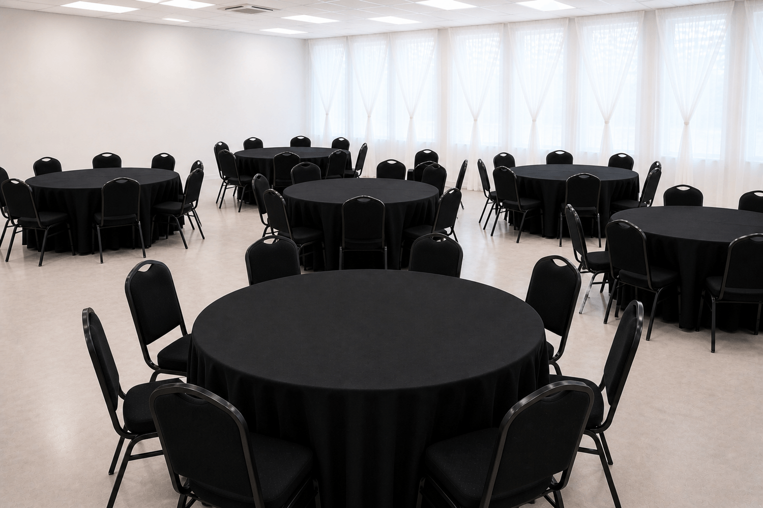 A wide-angle shot of a large room set up for an event, featuring numerous round tables covered with black tablecloths and surrounded by black chairs. The room has white walls and a white tiled ceiling with fluorescent lighting. Sheer white curtains cover the windows along the back wall, allowing natural light to filter in.