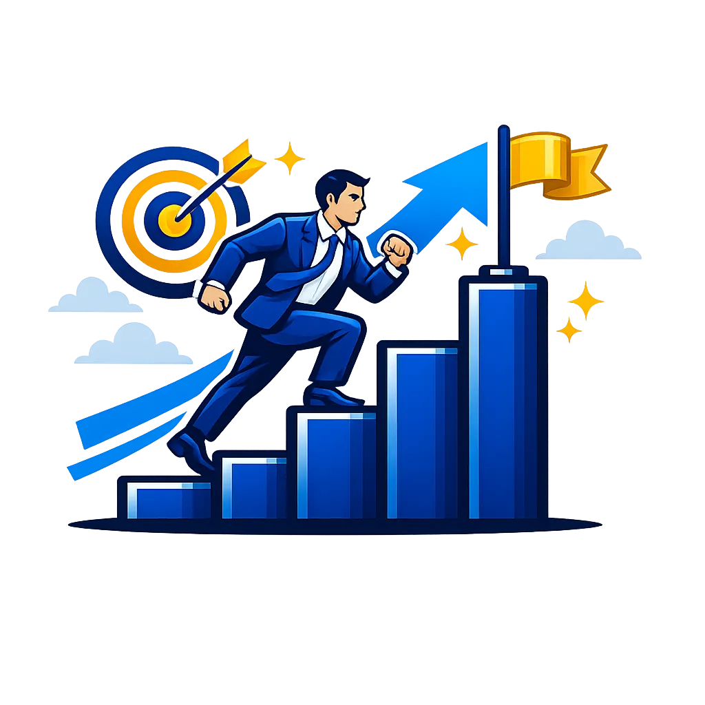 An illustration of a businessman in a blue suit running up a blue staircase towards a yellow flag. Behind him, a blue arrow points upwards, and a target with an arrow in the center is visible. The background is a dark blue gradient with yellow stars and white clouds, suggesting a nighttime or abstract setting. The overall image conveys a sense of ambition, progress, and goal achievement.
