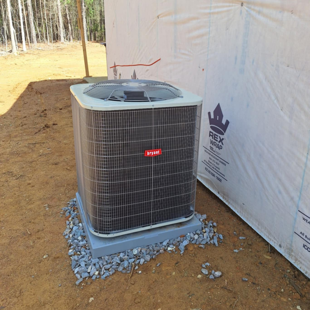 New Bryant air conditioning unit installation by Dependable HVAC for a home build project in Mount Gilead, NC. Expert cooling system services for new construction.
