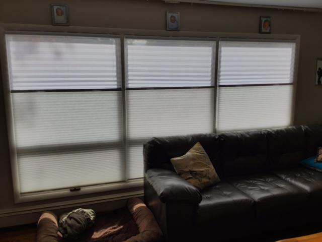 These chic Trilight Shades in Pleasantville are made to match the interiors of any room. Check out how our latest work complements the cozy and dark aesthetics of the room.