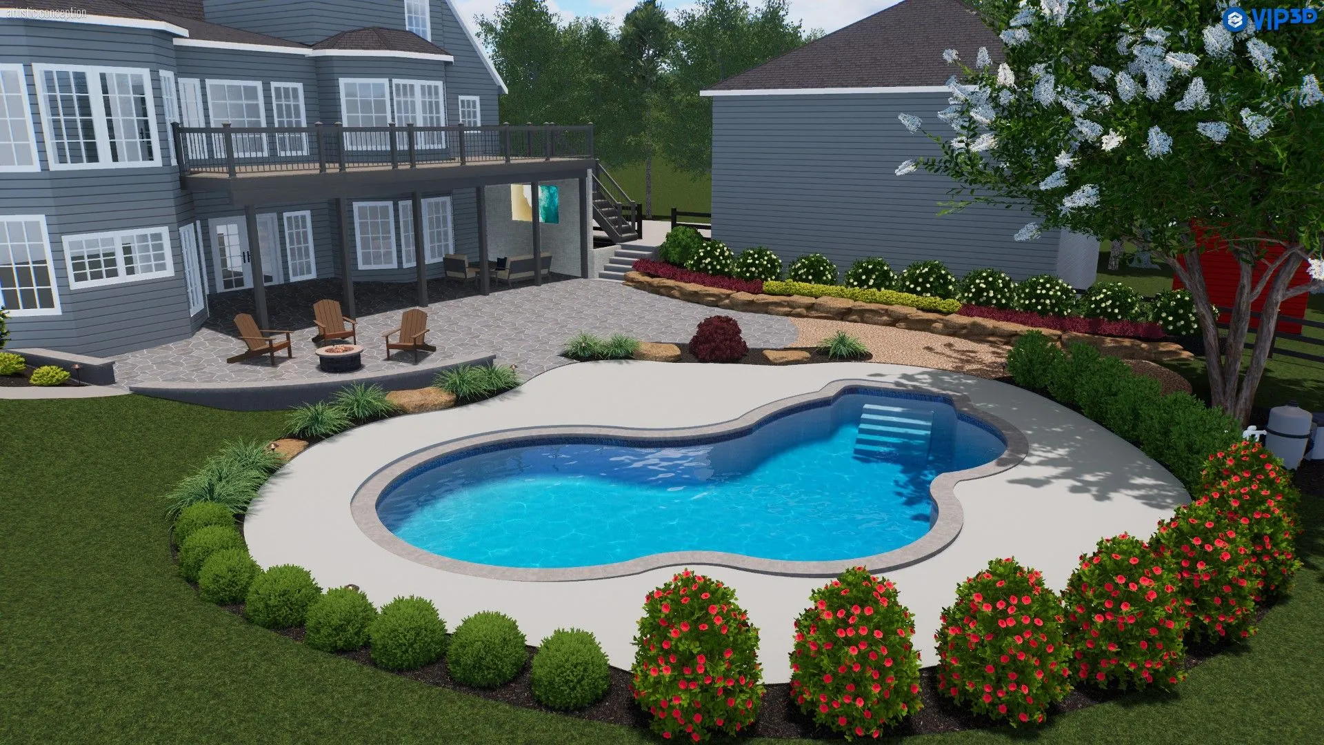 This rendering showcases Zamora Design and Build's potential to create stunning outdoor living spaces, integrating a beautiful pool, ample patio space, and vibrant plantings for a private oasis.