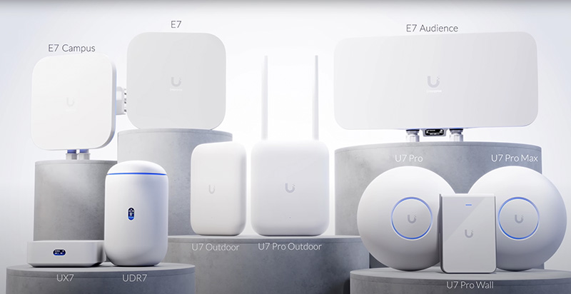 A collection of white Ubiquiti network devices are displayed on grey cylindrical pedestals against a white background. The devices include various access points, routers, and wall-mounted units, each labeled with its model name such as 'E7 Campus', 'UDR7', 'U7 Pro', and 'U7 Pro Wall'. Many of the devices feature a minimalist design with rounded edges and a subtle "U" logo. Some models have blue LED indicator lights.