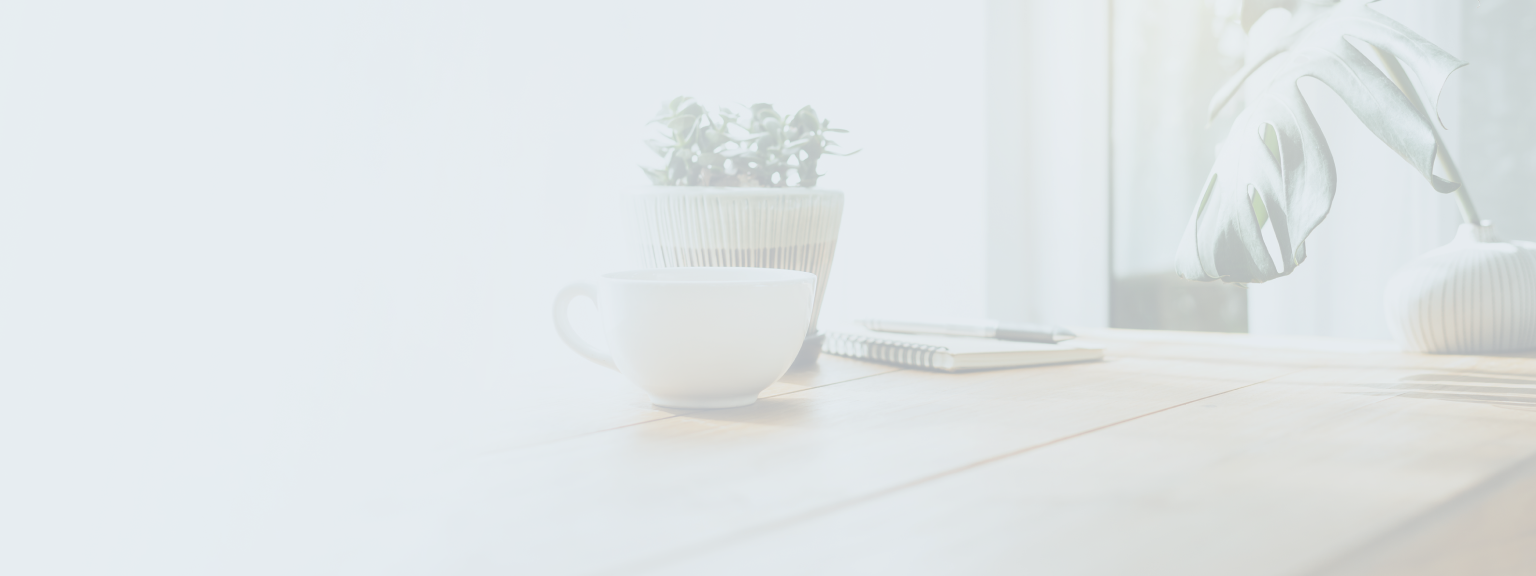 A potted plant, notebook, pen, and mug placed neatly on a desk.