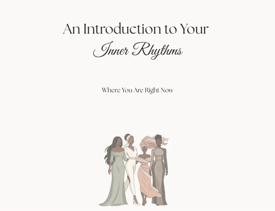 A title page reads 'An Introduction to Your Inner Rhythms' with the subtitle 'Where You Are Right Now' above an illustration of four women standing together. The women are depicted with varying skin tones and hairstyles, each wearing different elegant outfits. The background is a plain, light cream color.