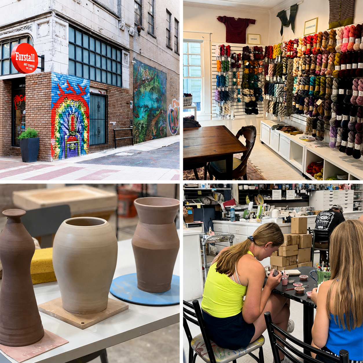 Explore the creative experience at Forstall Art Center through a collage showcasing the vibrant storefront, colorful fiber arts studio, handcrafted ceramic pottery, and engaging pottery painting classes. Discover quality art supplies, creative workshops, and hands-on learning in an inspiring environment for artists and makers of all skill levels.