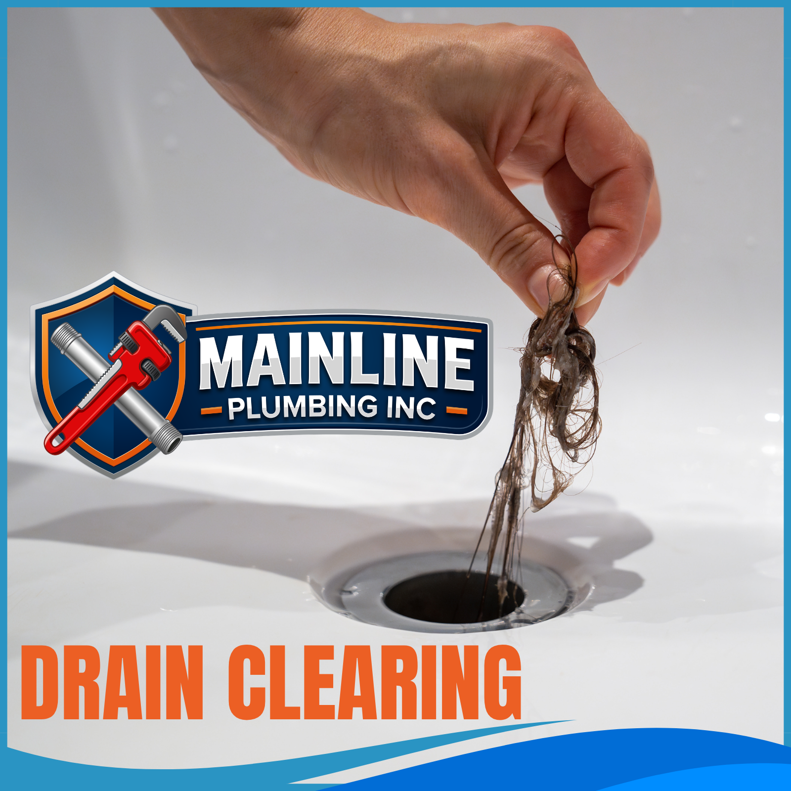 Mainline Plumbing Inc. drain clearing service image showing removal of hair and debris from a clogged drain, highlighting professional drain cleaning, clogged drain repair, slow drain diagnostics, bathroom drain cleaning, kitchen drain clearing, and emergency plumbing services throughout Escalon, Modesto, Oakdale, Riverbank, Manteca, Ripon, Turlock, Stockton, and surrounding Central Valley areas. Mainline Plumbing helps homeowners restore proper drainage and prevent backups quickly and professionally.